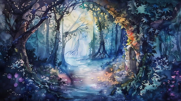 un dipinto di una foresta con un sentiero che conduce ad essa