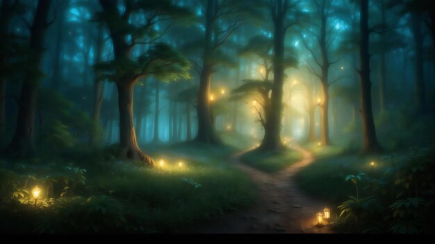 un dipinto di una foresta con un sentiero che porta ai boschi