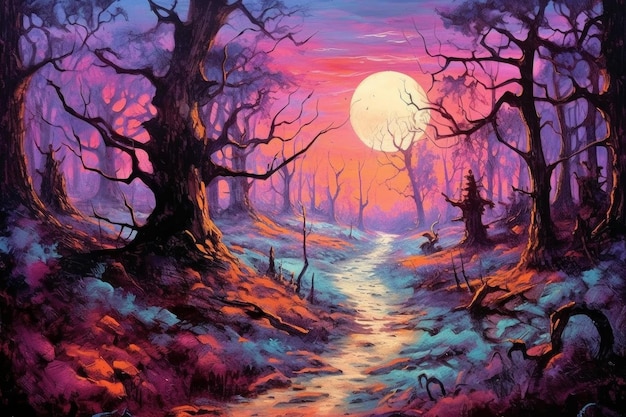 Un dipinto di una foresta con una luna nel cielo