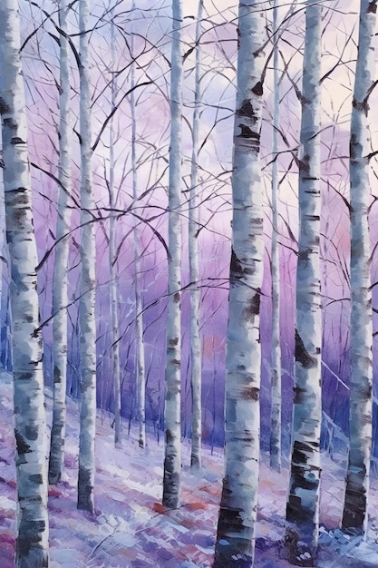 Un dipinto di una foresta con uno sfondo viola.