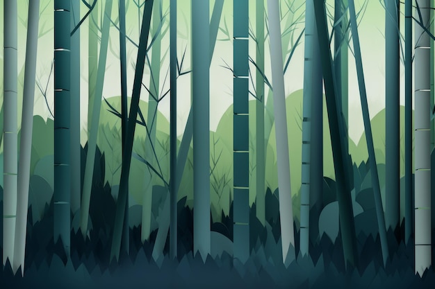 Un dipinto di una foresta di bambù con uno sfondo verde.