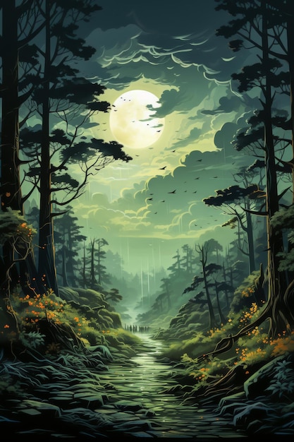 Un dipinto di una foresta di notte AI generativa