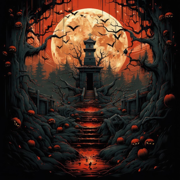 un dipinto di una foresta oscura con una luna rossa sullo sfondo