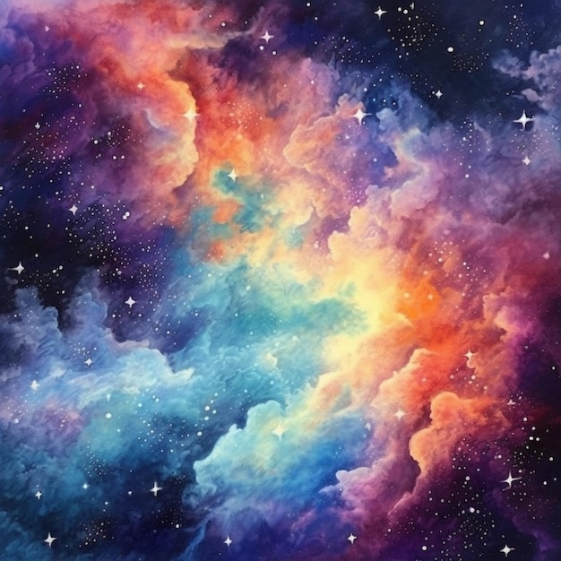 Un dipinto di una galassia colorata con stelle e nuvole generative ai