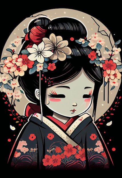 Un dipinto di una geisha con fiori in testa.