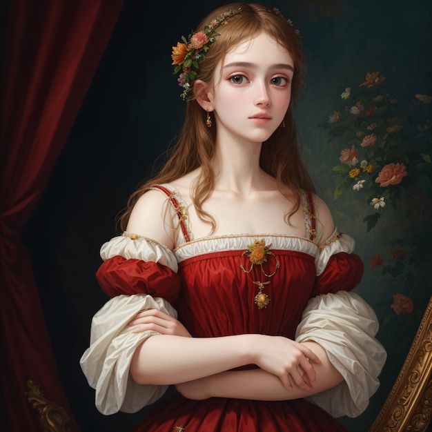 Un dipinto di una giovane ragazza con un vestito rosso