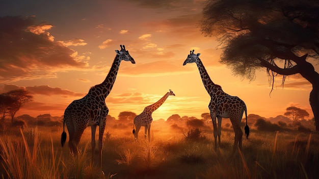 Un dipinto di una giraffa al tramonto