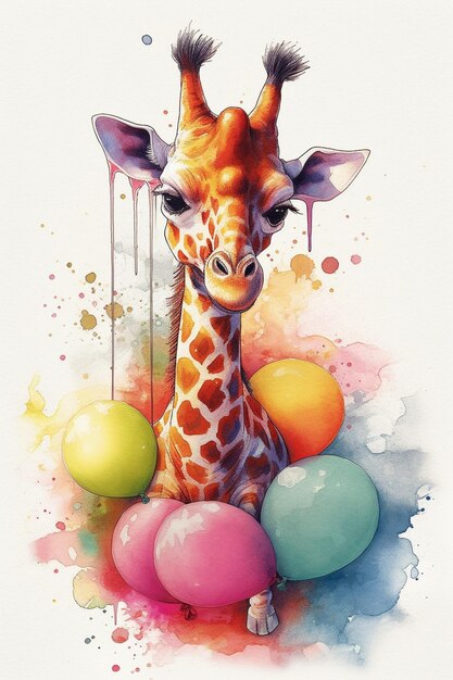 Un dipinto di una giraffa con dei palloncini sopra