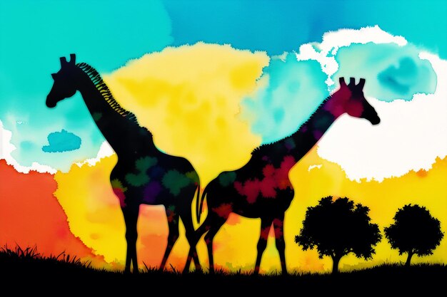Un dipinto di una giraffa e un albero con sopra la parola giraffa.