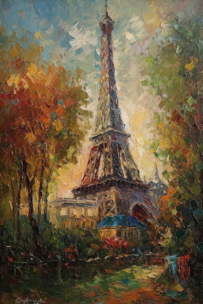 Un dipinto di una grande torre eiffel in autunno