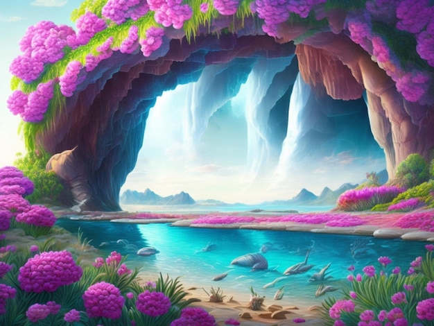 Un dipinto di una grotta con cascata e fiori.