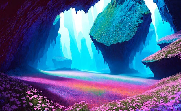 Un dipinto di una grotta con un paesaggio viola e verde.