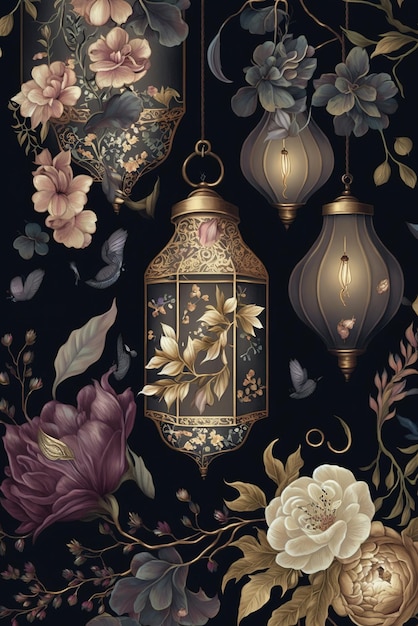 Un dipinto di una lanterna con fiori e farfalle.