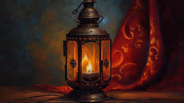 Un dipinto di una lanterna con uno sfondo rosso e la parola candela su di essa.