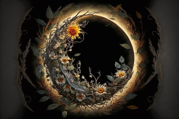Un dipinto di una luna con dei fiori sopra