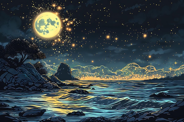 un dipinto di una luna e l'oceano con una luna nel cielo