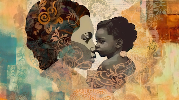 Un dipinto di una madre e un bambino con uno sfondo di fiori.
