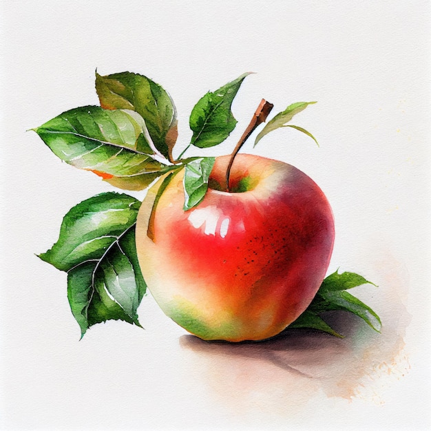 Un dipinto di una mela con foglie verdi sopra