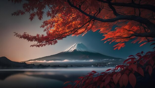 Un dipinto di una montagna con un albero rosso in primo piano