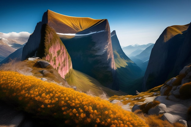 Un dipinto di una montagna con un cielo blu e fiori gialli.