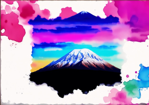 Un dipinto di una montagna con un cielo rosa e le parole mt. fuji su di esso.