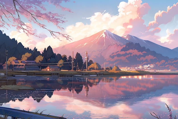 Un dipinto di una montagna con un lago davanti Immagine generativa AI