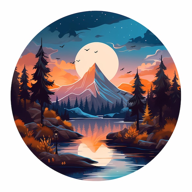 Un dipinto di una montagna con un lago e la luna piena sullo sfondo.