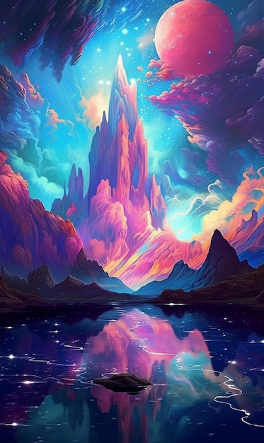 un dipinto di una montagna con un lago e una montagna sullo sfondo ai generativa
