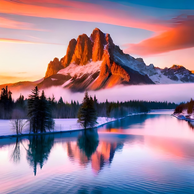 Un dipinto di una montagna con un tramonto sullo sfondo.