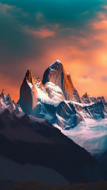 Un dipinto di una montagna con un tramonto sullo sfondo