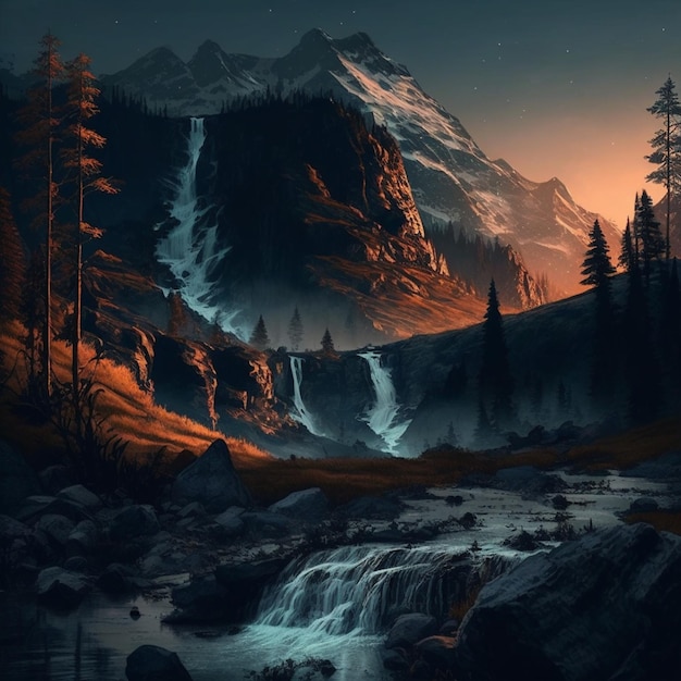 Un dipinto di una montagna con una cascata e il sole che splende su di essa.