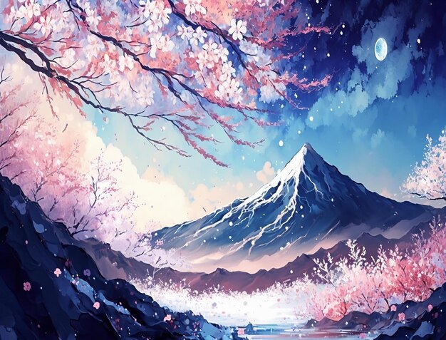 Un dipinto di una montagna con una luna rosa e un albero con sopra la parola ciliegia