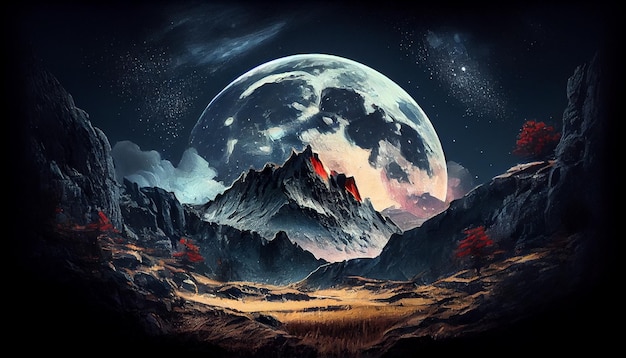 Un dipinto di una montagna con una luna sullo sfondo