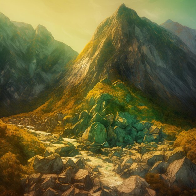 Un dipinto di una montagna con una montagna sullo sfondo