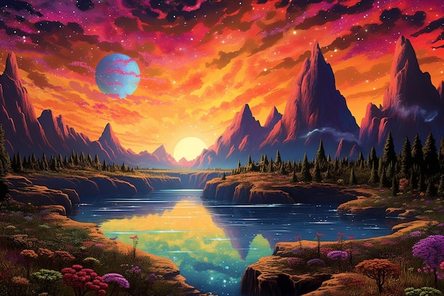 Un dipinto di una montagna e un lago con un tramonto sullo sfondo.