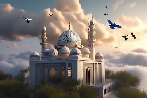 un dipinto di una moschea con uccelli che volano attorno ad essa