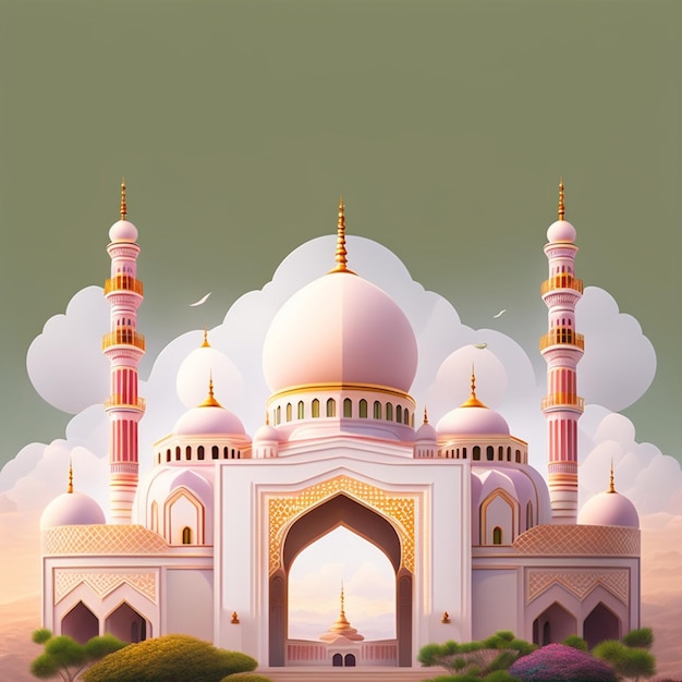 Un dipinto di una moschea con un cielo nuvoloso sullo sfondo.