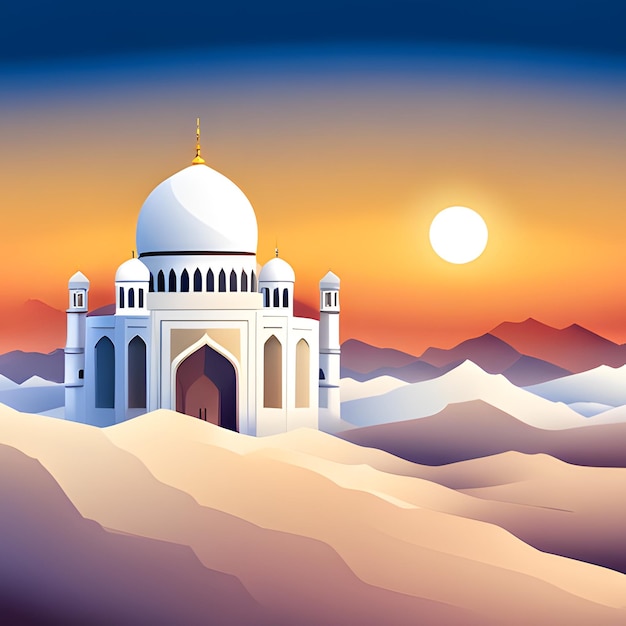 Un dipinto di una moschea con un tramonto sullo sfondo.