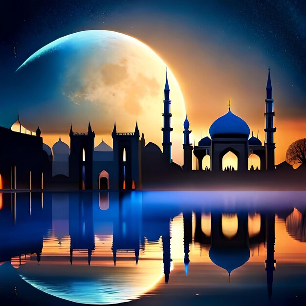 Un dipinto di una moschea con una grande luna nel cielo