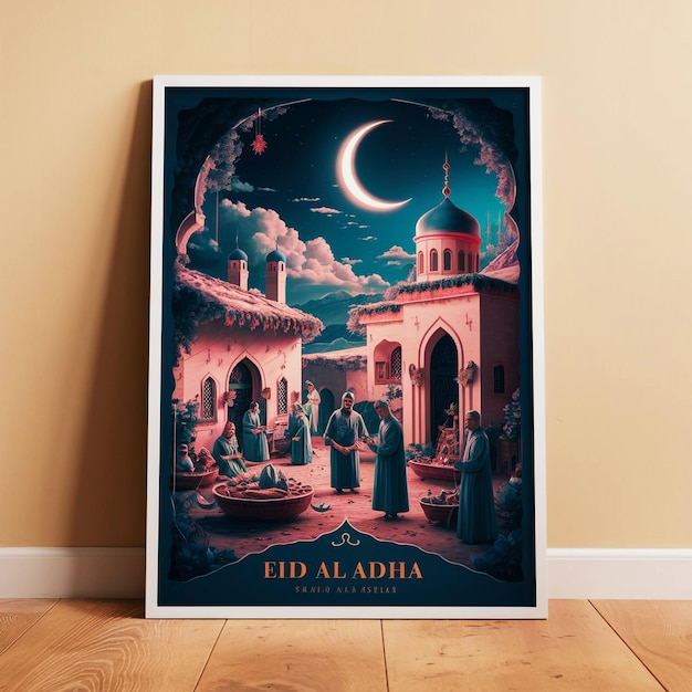 un dipinto di una moschea con una luna e una moschea sul muro