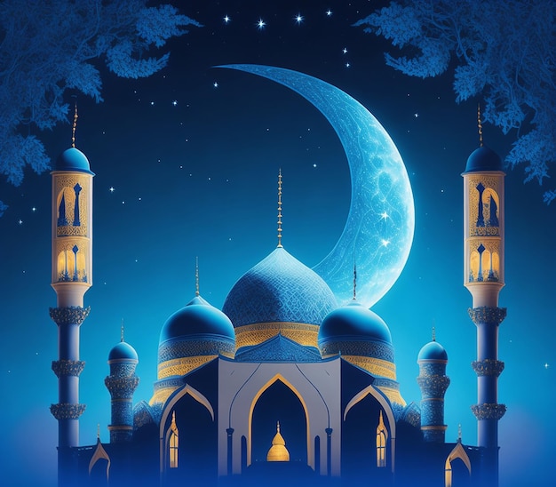 Un dipinto di una moschea con una luna sullo sfondo