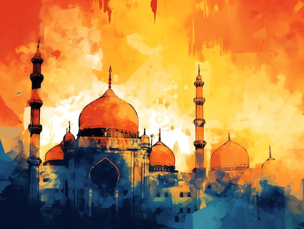 Un dipinto di una moschea con uno sfondo blu e arancione e la scritta "la moschea".