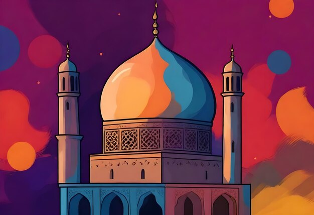 un dipinto di una moschea con uno sfondo colorato