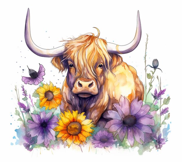 Un dipinto di una mucca con un corno giallo e fiori viola