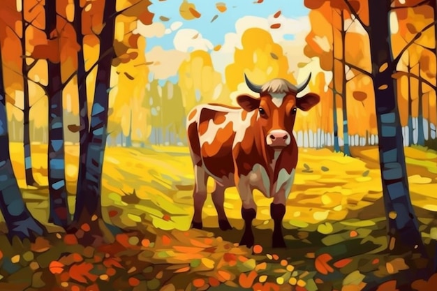 un dipinto di una mucca in piedi in una foresta con alberi ai generativa