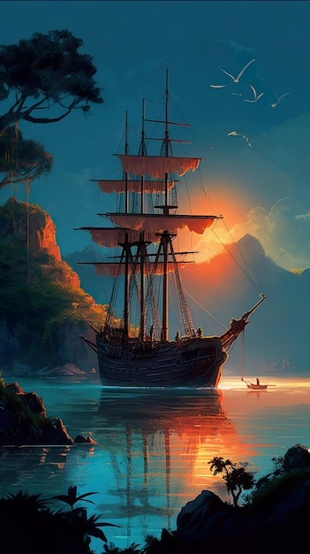 Un dipinto di una nave a vela nell'oceano AI immagine generativa