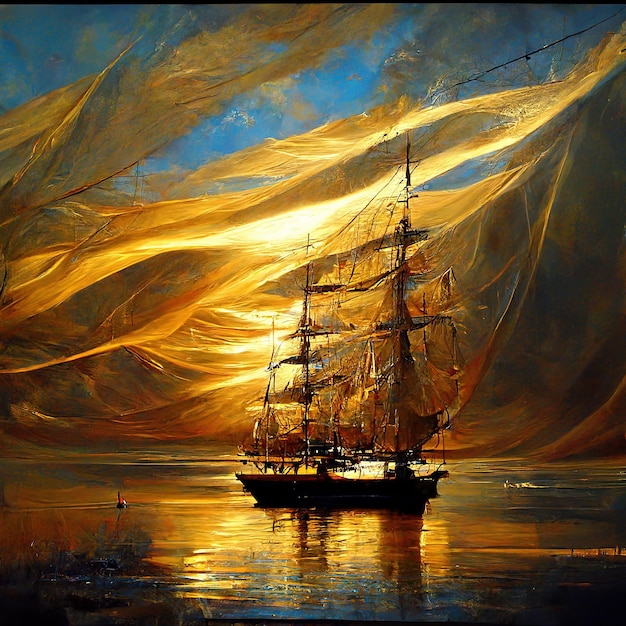 Un dipinto di una nave con il sole che tramonta dietro di essa