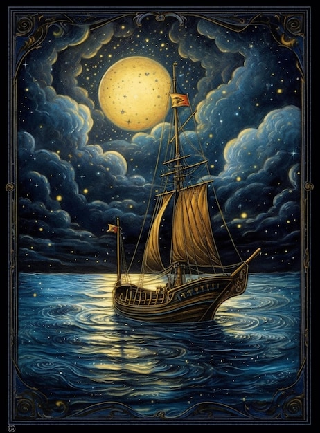 Un dipinto di una nave con la luna sullo sfondo
