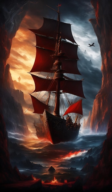 Un dipinto di una nave con una bandiera rossa sul fondo.
