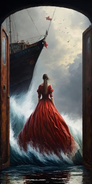 Un dipinto di una nave con una donna vestita di rosso in piedi davanti ad essa.